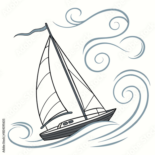 Sailboat with flowing wind swirls on white background sailing vessel
