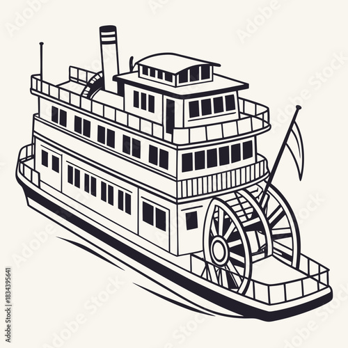 Black and White Drawing of a Paddlewheel Steamboat Keywords: paddlewheel boat, steamboat