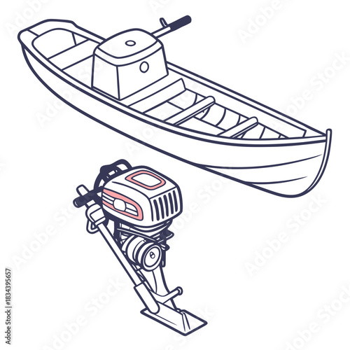 Outboard Motorboat and Detached Outboard Engine marine engine