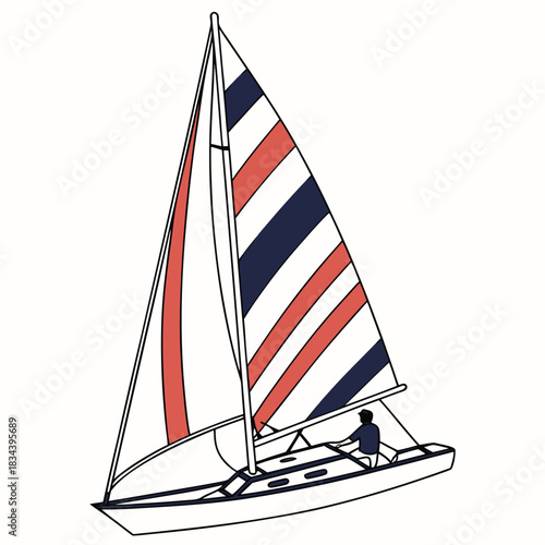 Sailboat with Striped Sails and Single Person at Helm Keywords: sailboat, sailing, boat