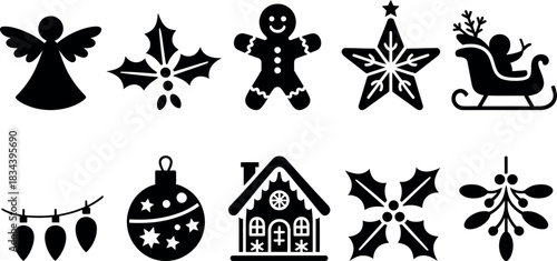 Christmas holiday icon set in black and white silhouette