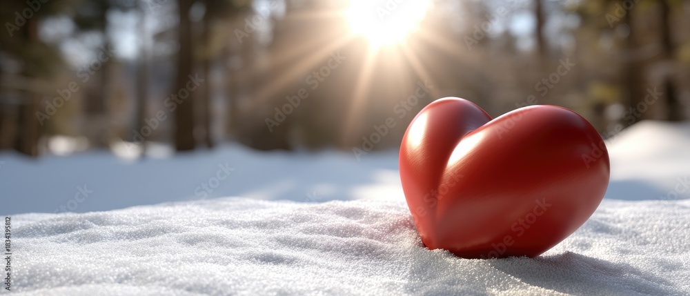Fototapeta premium Red heart in snow under sunlight in forest for romantic celebration on Valentine's Day