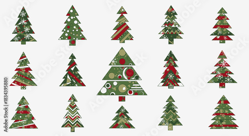 Collection of various festive Christmas trees decorated with traditional ornaments and abstract patterns