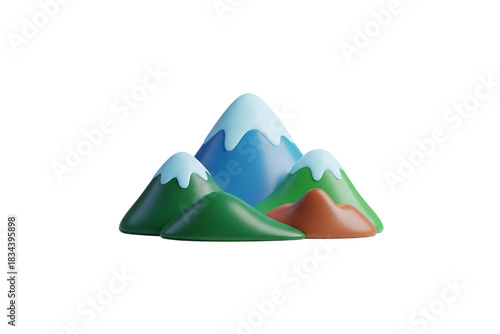 Stylized cartoon mountain range with snow caps in 3D rendering isolated