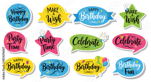 A festive collection of colorful birthday greeting stickers, celebratory message labels, and party speech bubbles on a white background