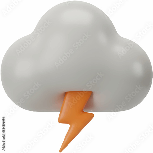 Grey 3D storm cloud with a lightning strike from the bottom in neutral and orange tones for severe weather alert