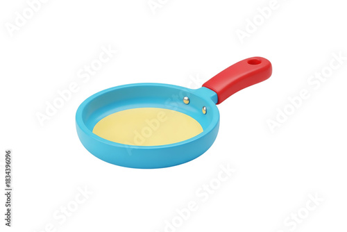 Stylized frying pan with blue body yellow filling and red handle