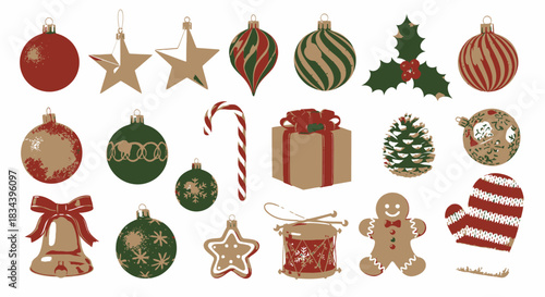 A festive illustrated collection of traditional Christmas ornaments, holiday symbols, and decorative elements in a classic color palette