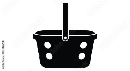 Simple black basket with handle illustration on white background silhouette