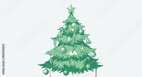 Festive hand-drawn illustration of a decorated Christmas tree, perfect for holiday greetings and seasonal designs