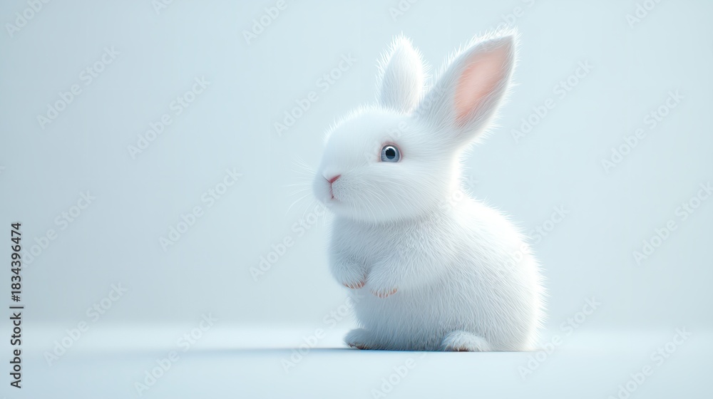 Fototapeta premium A fluffy white rabbit sitting upright against a light blue background in a studio setting