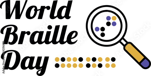 World braille day celebration with magnifying glass focusing on braille dots representing accessibility and inclusion for visually impaired people