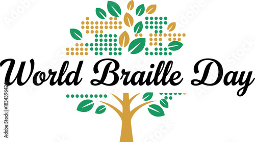 World braille day celebration with a tree of knowledge and braille dots symbolizing literacy and accessibility for the visually impaired