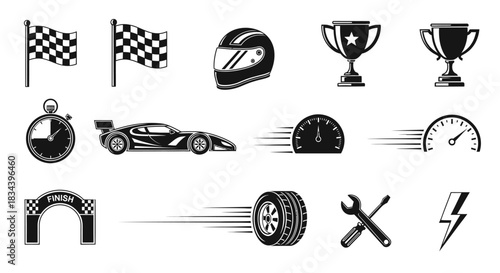 Racing Icons Championship Symbols, Cars, Flags, and Speeding Elements Collection