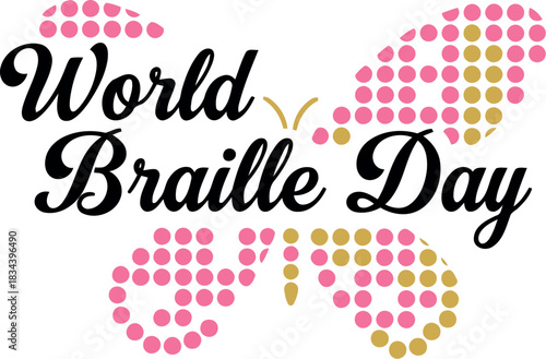 World braille day celebration with a colorful butterfly graphic and elegant text promoting literacy and accessibility