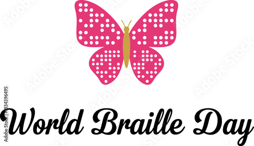 World braille day celebration with a pink patterned butterfly and elegant text symbolizing inclusivity and accessibility