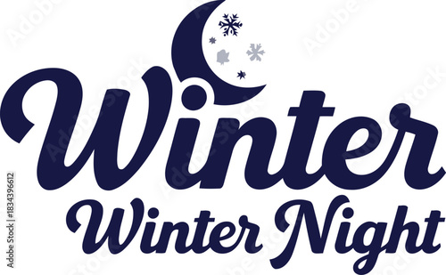 Stylized winter night text design with crescent moon and stars on a white background