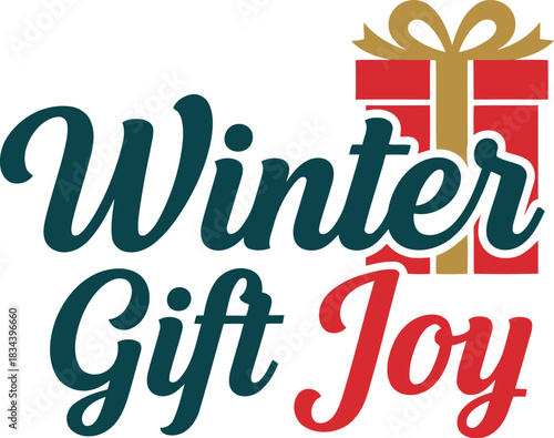 Festive winter gift joy text with a red gift box and gold ribbon on a white background celebrating the holiday season