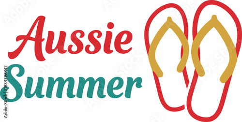 Vibrant aussie summer logo featuring colorful flip flops and text for beach and vacation themes