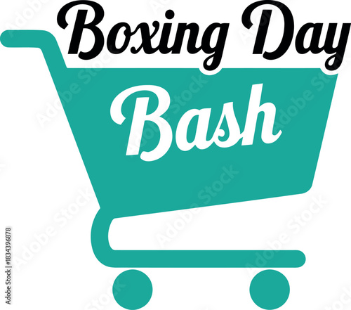 Turquoise shopping cart with the words boxing day bash in stylized black lettering