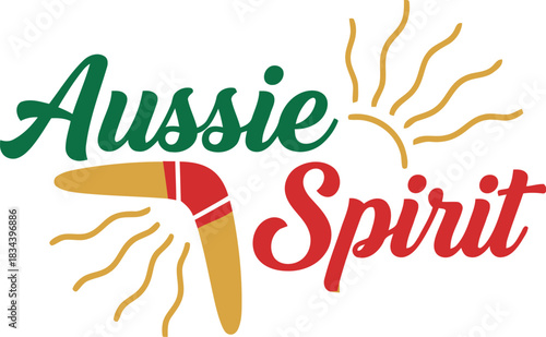 Vibrant aussie spirit text with a boomerang and sunburst evoking australian identity and culture