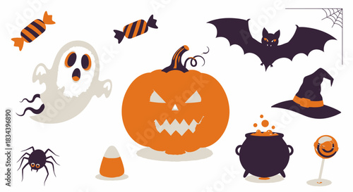 A fun set of Halloween symbols jack-o'-lantern, ghost, bat, witch hat, cauldron, spider, and candies, ideal for festive decorations and autumn designs