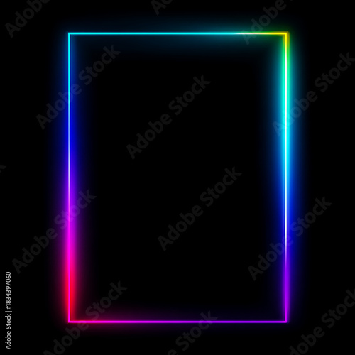 Dynamic abstract neon frame with a glowing rainbow gradient border against a dark black background, ideal for modern graphic design.