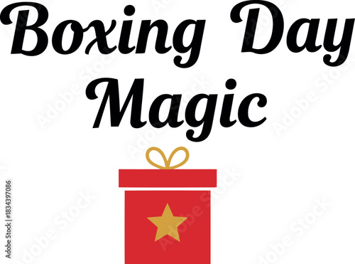 Boxing day magic text with a festive red gift box and star illustration on a white background