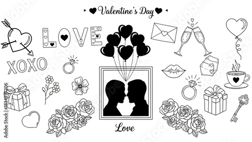 Valentine's Day Elements and Symbols Black and White with Couple Silhouette love heart