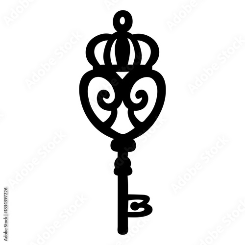 Hand drawn crown ornate key silhouette