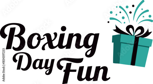 Boxing day fun text with festive gift boxes and confetti celebrating post christmas shopping and sales