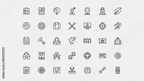 Assortment of 30 Black and White Outline Icons for User Interface and Web Design collection