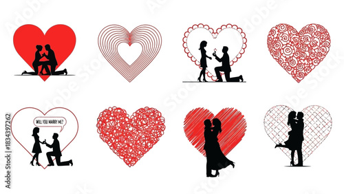 Valentine's Day Marriage Proposal and Couple Silhouette Hearts Red love
