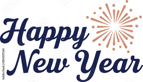 Festive happy new year text with a stylized golden firework bursting on a clean white background