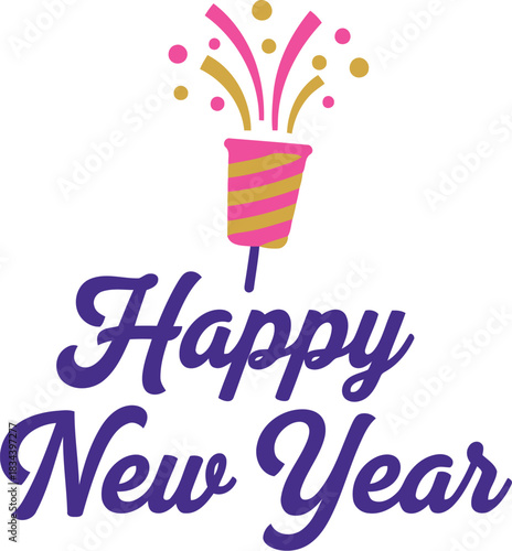 Festive happy new year text with a bursting party popper and colorful confetti celebrating the start of the new year