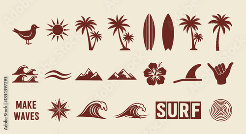A vintage collection of surfing and tropical beach icons, including palm trees, waves, and summer symbols for graphic design