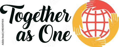 The words together as one are written in a stylized font next to a vibrant globe symbolizing unity and global connection