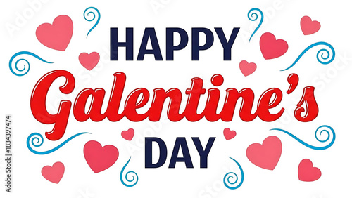 Happy galentines day celebration with pink hearts and swirls decorative elements