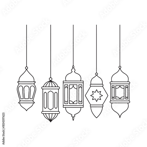 a minimalist illustration showing five delicately drawn hanging lanterns in black and white offering a serene and decorative aesthetic