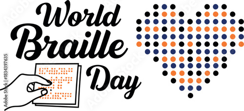 World braille day celebration with a heart symbol composed of braille dots and a hand holding a braille card