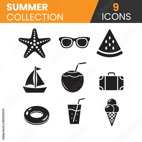 Travel icons set vector illustration showing summer vacation symbols like beach, sea, palm trees, boats, and holiday items
