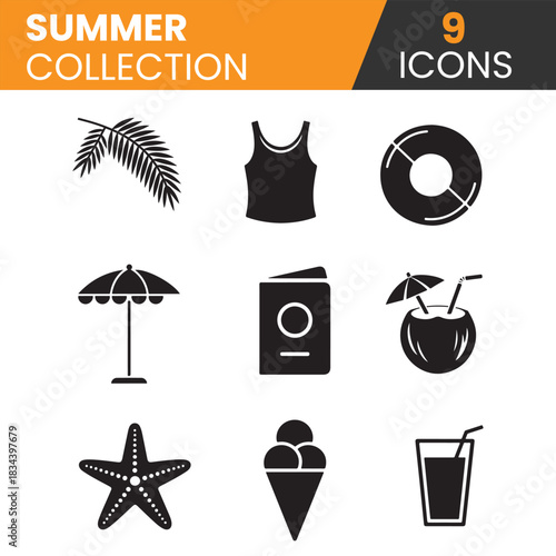 Summer travel icon set featuring beach symbols palm trees sun and vacation elements