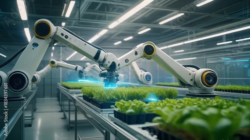  A high-tech greenhouse with automated irrigation systems and robotic arms taking care of plant