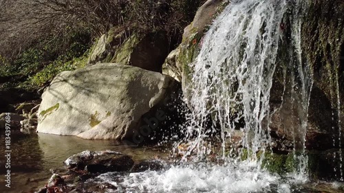 L'acqua scorre limpida tra le rocce del ruscello, formando un piccolo laghetto.