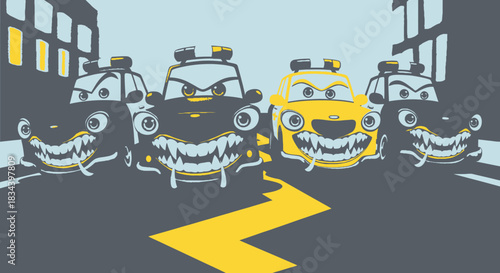 Menacing animated patrol cars with sharp teeth and fierce eyes line an urban street; a bold lightning bolt path signals an electrifying, intense challenge ahead