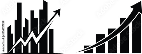 Two black and white upward trending graph icons for business and finance
