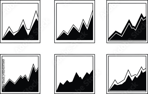 Six hand drawn line graphs showing upward trends in different stages and magnitudes