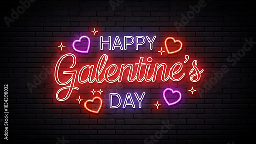 Bright neon sign celebrating galentines day with hearts and sparkles on a dark background