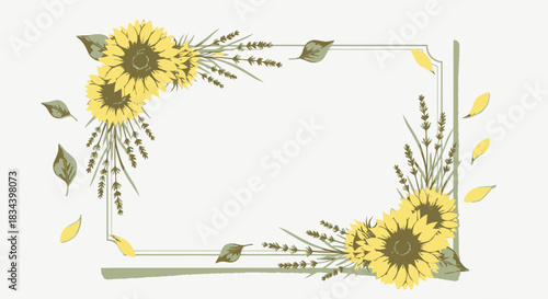 An elegant rectangular frame adorned with hand-drawn yellow sunflowers and lavender sprigs, perfect for a wedding invitation or greeting card