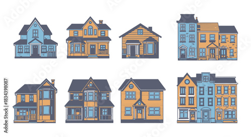 Set of Colorful Cartoon House Illustrations, Perfect for Real Estate and Property Design